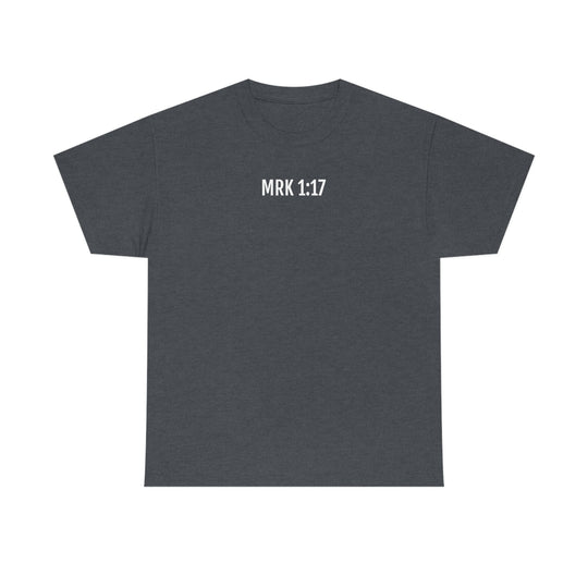 Alt text: Fisher of Man Tee: Unisex grey t-shirt with white text, no side seams for comfort, tape on shoulders for durability, ribbed knit collar. 100% cotton, classic fit, medium weight fabric.
