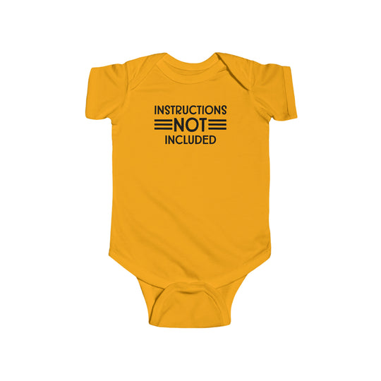 A durable and soft infant fine jersey bodysuit, the Instructions Not Included Onesie from Worlds Worst Tees. Features 100% cotton fabric, ribbed knitting for durability, and plastic snaps for easy changing access.