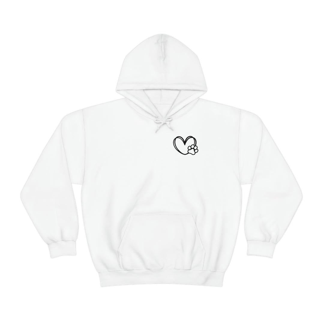 A white hoodie featuring a heart with a paw print, part of the Dogs are my Favorite People collection by Worlds Worst Tees. Unisex heavy blend, cotton-polyester fabric, kangaroo pocket, and drawstring hood.