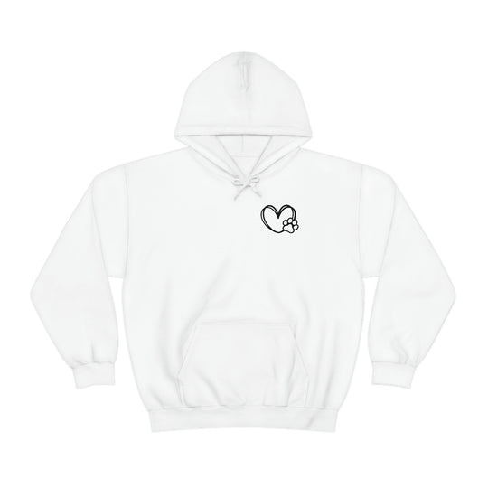 A white hoodie featuring a heart with a paw print, part of the Dogs are my Favorite People collection by Worlds Worst Tees. Unisex heavy blend, cotton-polyester fabric, kangaroo pocket, and drawstring hood.