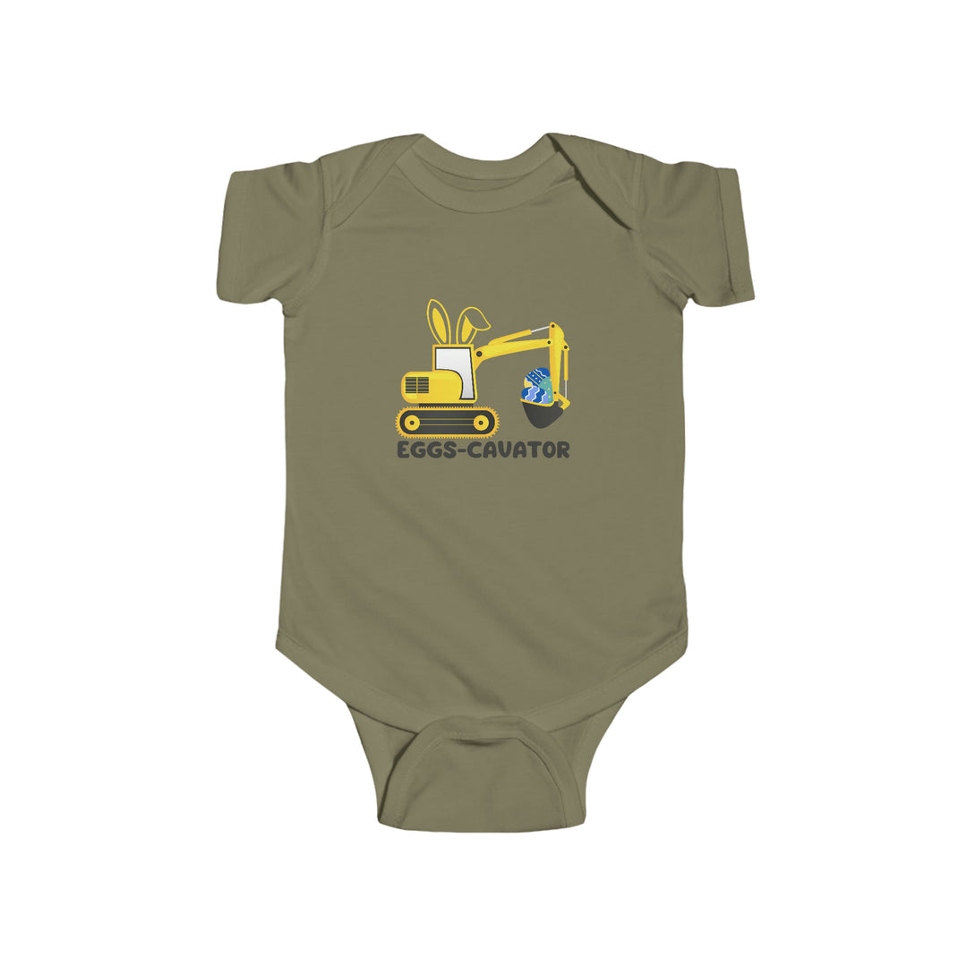 A baby bodysuit featuring a cartoon bulldozer with bunny ears and eggs, named Eggs-Cavator Onesie. Made of 100% cotton, light fabric, with ribbed knitting for durability and plastic snaps for easy changing access.
