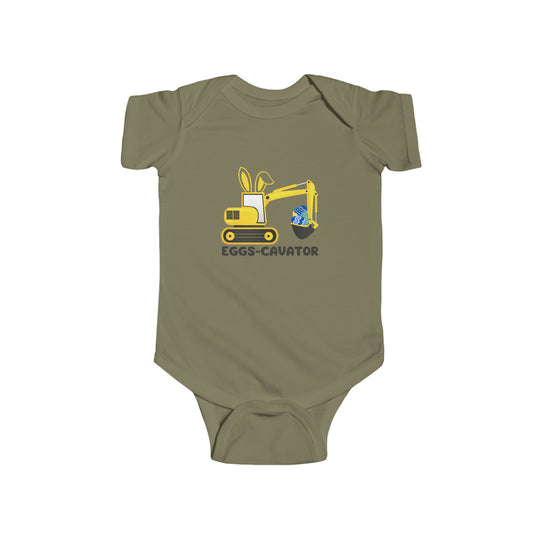 A baby bodysuit featuring a cartoon bulldozer with bunny ears and eggs, named Eggs-Cavator Onesie. Made of 100% cotton, light fabric, with ribbed knitting for durability and plastic snaps for easy changing access.