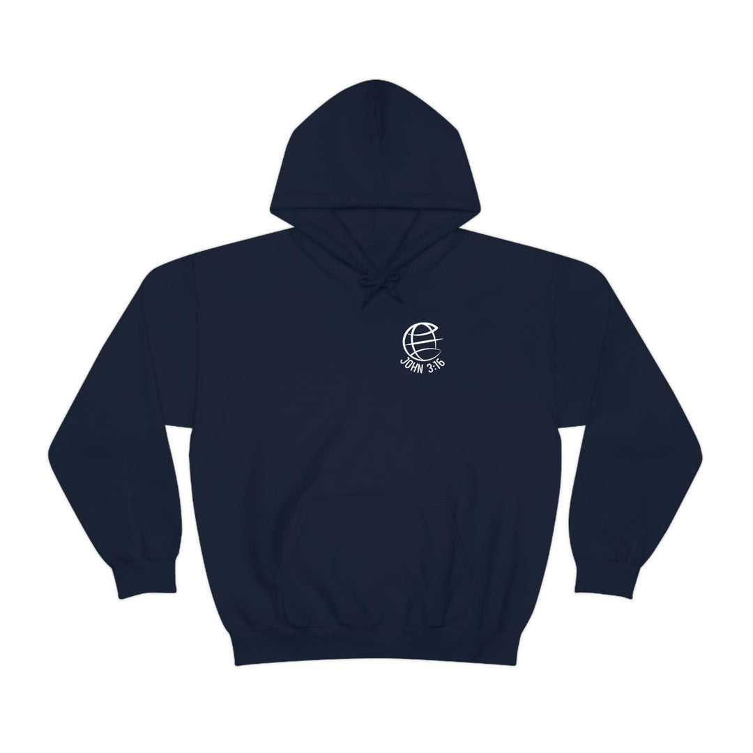 A heavy blend hooded sweatshirt featuring a globe logo, perfect for warmth and comfort. Unisex, 50% cotton, 50% polyester, with kangaroo pocket and drawstring hood. From 'Worlds Worst Tees'.