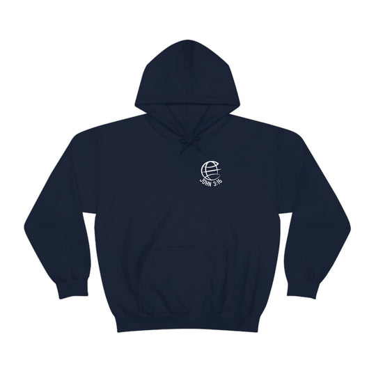 A heavy blend hooded sweatshirt featuring a globe logo, perfect for warmth and comfort. Unisex, 50% cotton, 50% polyester, with kangaroo pocket and drawstring hood. From 'Worlds Worst Tees'.