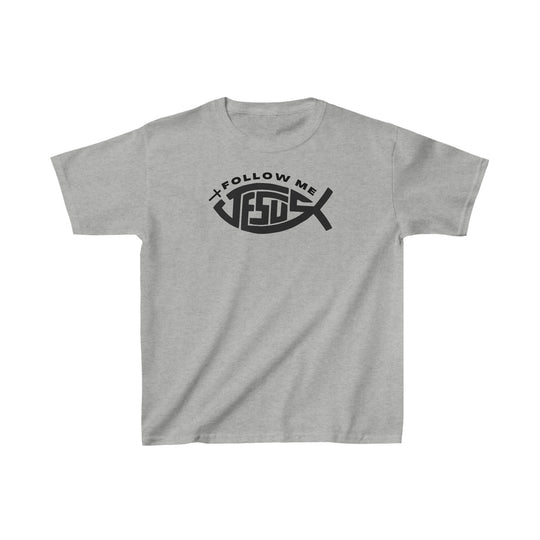 A kids' tee featuring the Jesus Follow Me design. Made of 100% cotton, light fabric, with twill tape shoulders for durability and ribbed collar. Classic fit, suitable for everyday wear.