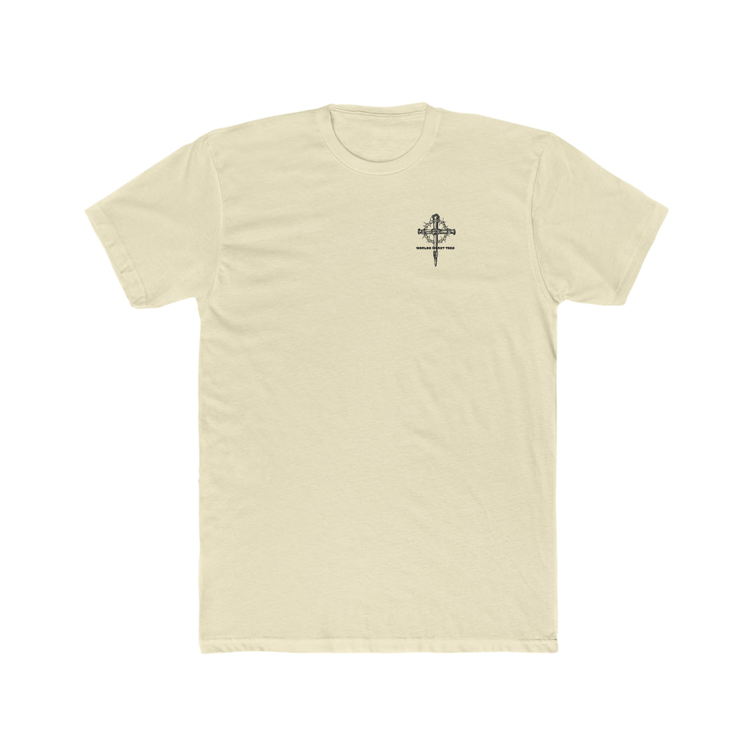 A relaxed-fit white t-shirt featuring a black cross with a crown of thorns graphic. Made of 100% ring-spun cotton for comfort and durability. Ideal for daily wear. From 'Worlds Worst Tees'.
