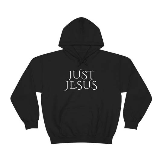 Unisex Just Jesus Hoodie: A black hooded sweatshirt with white text. Thick cotton-polyester blend, kangaroo pocket, drawstring hood. Cozy, classic fit for warmth and style.