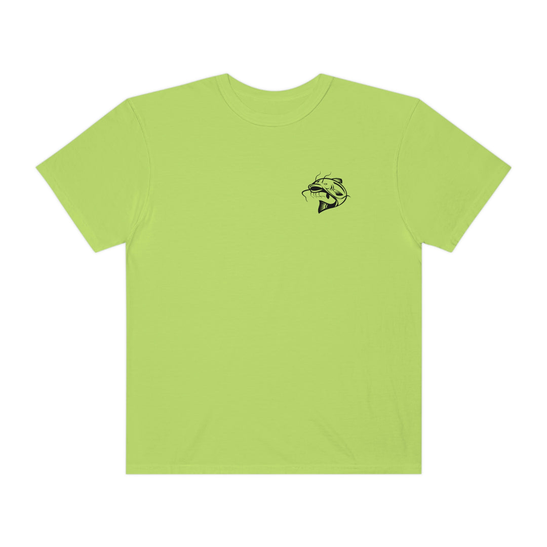 Comfort Colors Flathead Fishing Unisex Tee: Green shirt with fish logo. 100% ring-spun cotton, medium fabric, relaxed fit, durable double-needle stitching, no side-seams. Sewn-in twill label.