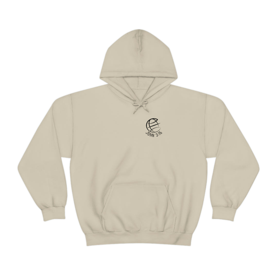 A white hoodie featuring a religious leader logo, part of the For God So Loved the World collection by Worlds Worst Tees. Unisex heavy blend with kangaroo pocket, cotton-polyester fabric, and classic fit.