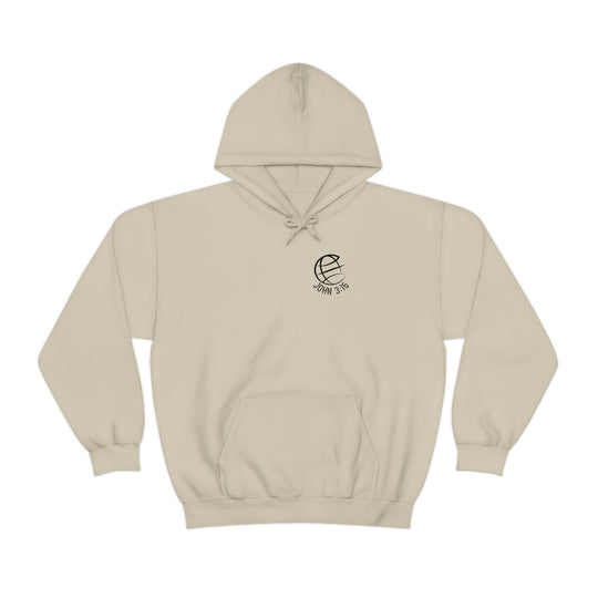 A white hoodie featuring a religious leader logo, part of the For God So Loved the World collection by Worlds Worst Tees. Unisex heavy blend with kangaroo pocket, cotton-polyester fabric, and classic fit.