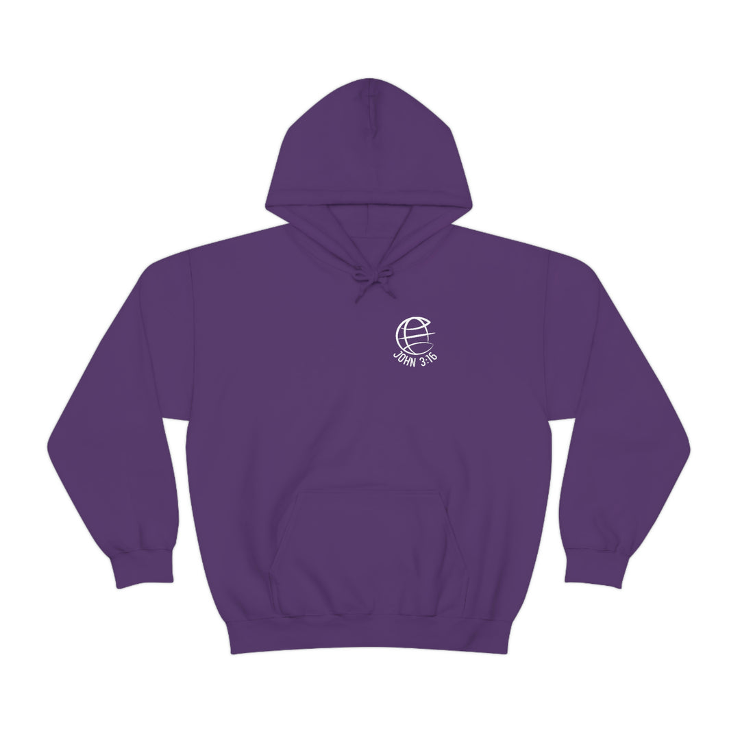Unisex For God So Loved the World Hoodie, a purple sweatshirt with a religious logo, kangaroo pocket, and drawstring hood. Cotton-polyester blend, cozy and ideal for printing. Sizes S to 5XL.