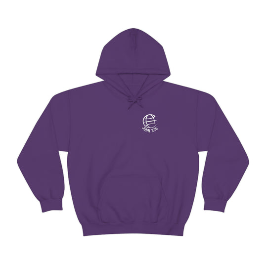 Unisex For God So Loved the World Hoodie, a purple sweatshirt with a religious logo, kangaroo pocket, and drawstring hood. Cotton-polyester blend, cozy and ideal for printing. Sizes S to 5XL.