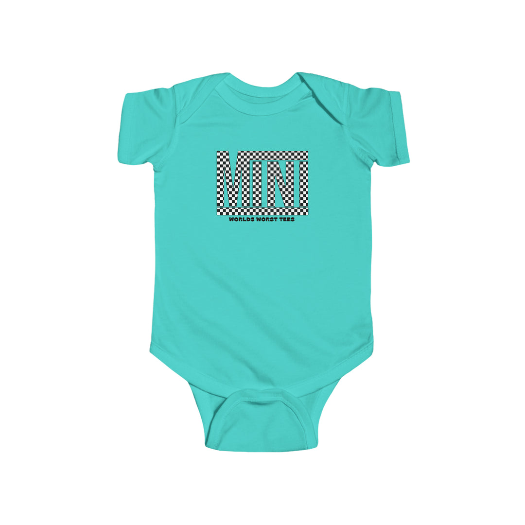A durable and soft Vans Mini Onesie for infants in blue with a black and white checkered design. Made of 100% cotton, featuring ribbed knit bindings and plastic snaps for easy changing access.