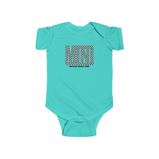 A durable and soft Vans Mini Onesie for infants in blue with a black and white checkered design. Made of 100% cotton, featuring ribbed knit bindings and plastic snaps for easy changing access.