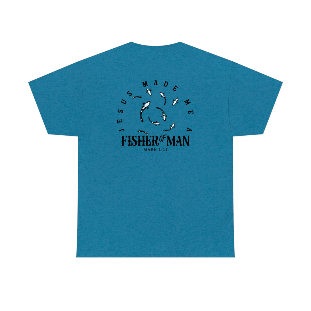 A staple in casual fashion, the Fisher of Man Tee features a fish design on a blue shirt. Unisex, heavy cotton with ribbed knit collar for elasticity and durability. Sizes S-5XL.