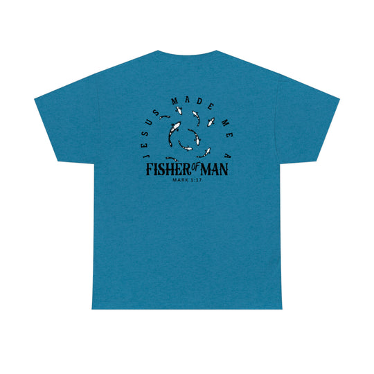 A staple in casual fashion, the Fisher of Man Tee features a fish design on a blue shirt. Unisex, heavy cotton with ribbed knit collar for elasticity and durability. Sizes S-5XL.