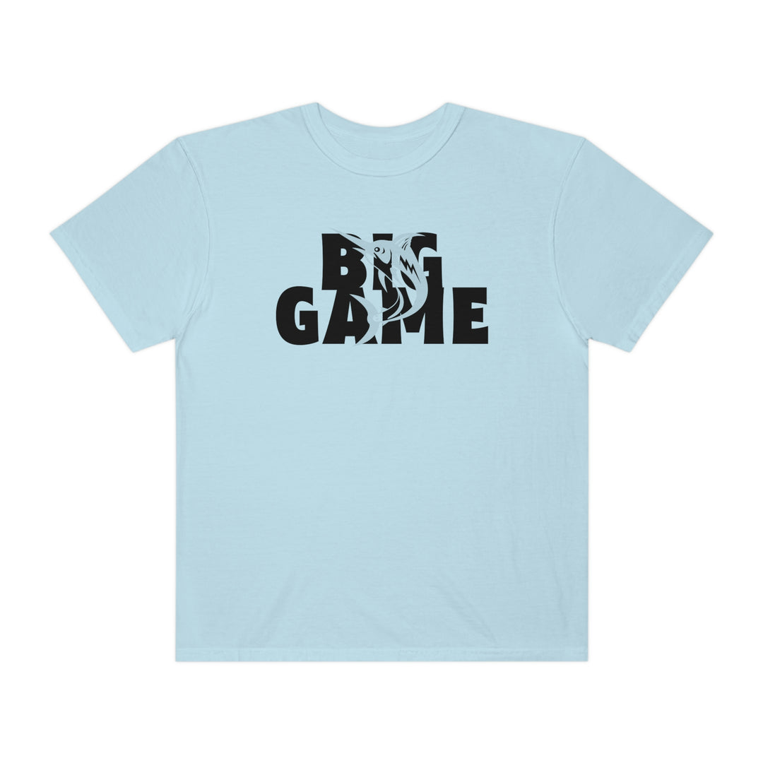Comfort Colors BIG GAME FISHER Tee: Light blue tee with black fish logo and text. 100% ring-spun cotton, relaxed fit, durable double-needle stitching, no side-seams. From Worlds Worst Tees.