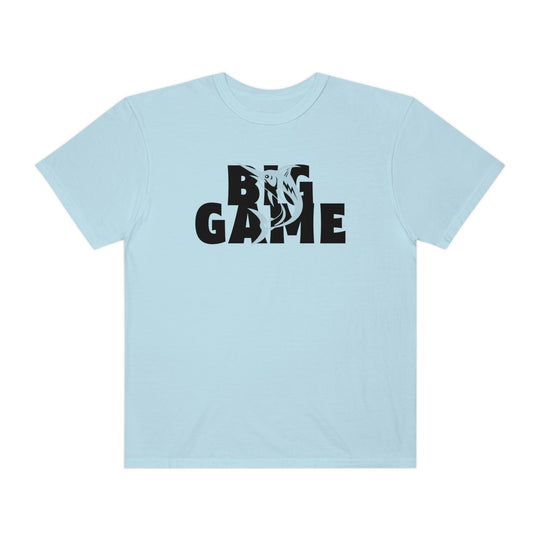 Comfort Colors BIG GAME FISHER Tee: Light blue tee with black fish logo and text. 100% ring-spun cotton, relaxed fit, durable double-needle stitching, no side-seams. From Worlds Worst Tees.