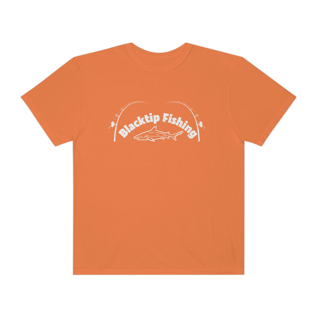 Blacktip Fishing Unisex Tee by Comfort Colors: 100% ring-spun cotton, relaxed fit, durable double-needle stitching, tubular shape. Customizable, soft-washed fabric for daily comfort. Sewn-in twill label.
