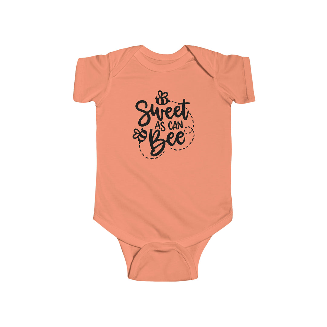 A baby bodysuit featuring the Sweet as can Be Onesie design. Made of 100% cotton fabric, with ribbed knitting for durability and plastic snaps for easy changing access. Combed ringspun cotton, light fabric, tear away label.