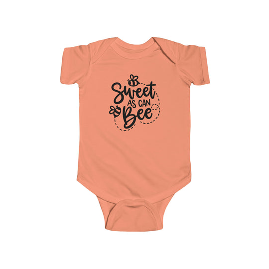 A baby bodysuit featuring the Sweet as can Be Onesie design. Made of 100% cotton fabric, with ribbed knitting for durability and plastic snaps for easy changing access. Combed ringspun cotton, light fabric, tear away label.