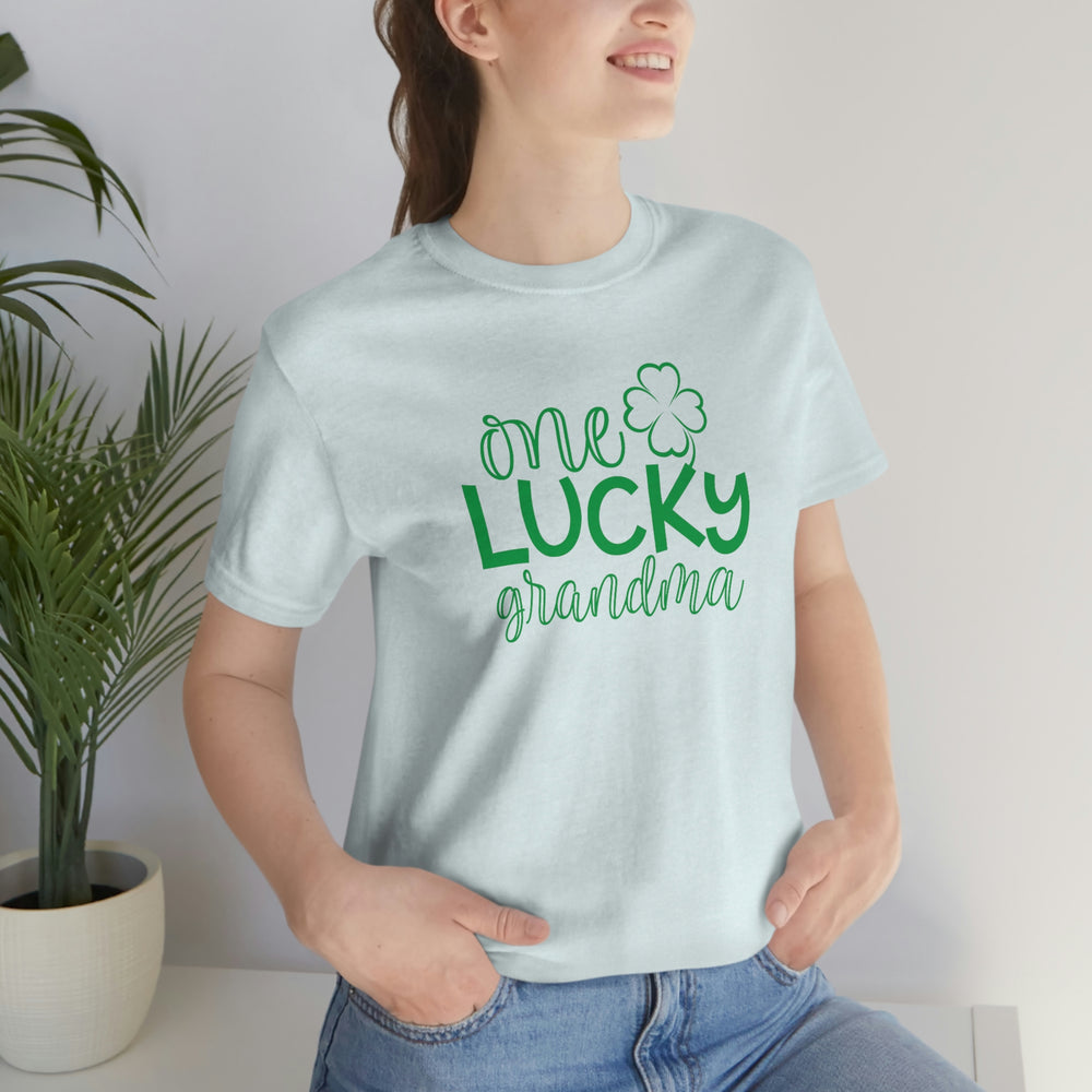 A classic unisex jersey tee featuring One Lucky Grandma print. Soft cotton, ribbed knit collars, taping on shoulders, and dual side seams for durability. 100% Airlume combed and ringspun cotton.