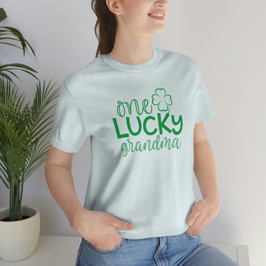 A classic unisex jersey tee featuring One Lucky Grandma print. Soft cotton, ribbed knit collars, taping on shoulders, and dual side seams for durability. 100% Airlume combed and ringspun cotton.