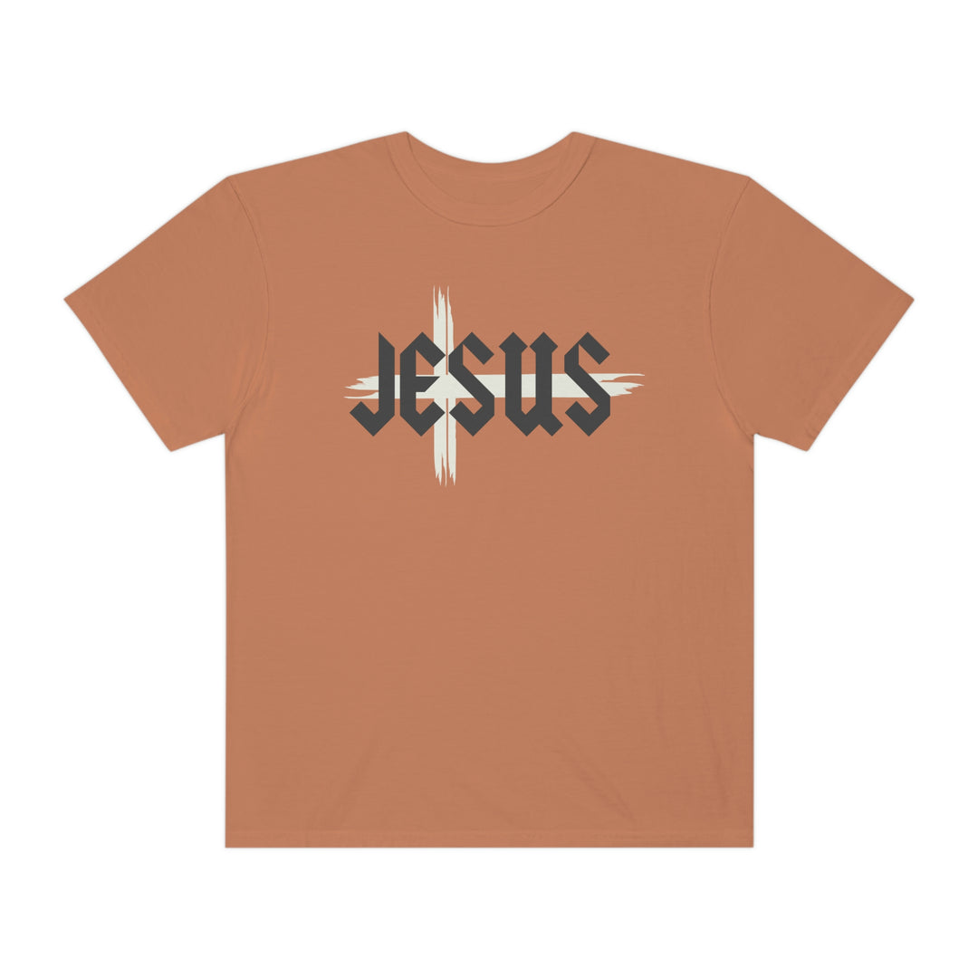 A Jesus Tee, medium-weight, ring-spun cotton t-shirt with a logo of a cross. Relaxed fit, double-needle stitching for durability, no side-seams for a tubular shape. Ideal for daily wear.