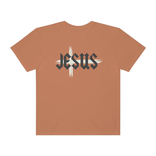 A Jesus Tee, medium-weight, ring-spun cotton t-shirt with a logo of a cross. Relaxed fit, double-needle stitching for durability, no side-seams for a tubular shape. Ideal for daily wear.