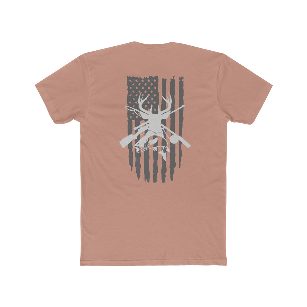 Real American Tee: A premium fitted shirt with a white deer, flag, and gun silhouette on the back. Comfy, light, 100% cotton, ideal for workouts. Sizes XS-4XL.