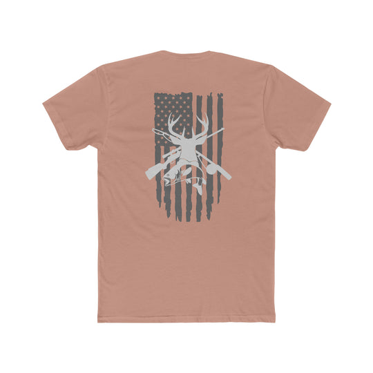 Real American Tee: A premium fitted shirt with a white deer, flag, and gun silhouette on the back. Comfy, light, 100% cotton, ideal for workouts. Sizes XS-4XL.