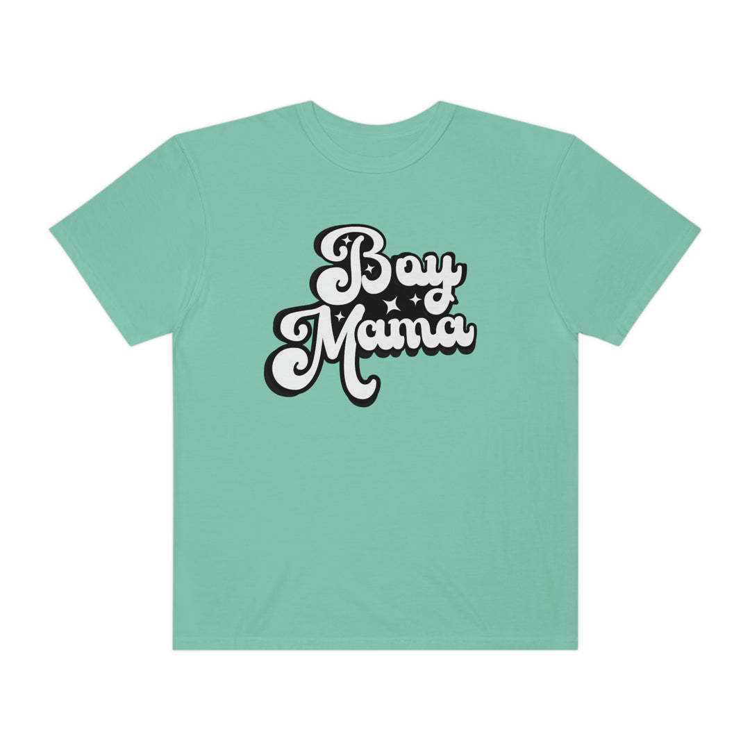 A relaxed fit Boy Mama Tee, 100% ring-spun cotton, garment-dyed for coziness. Double-needle stitching for durability, no side-seams for a tubular shape. Ideal for daily wear.