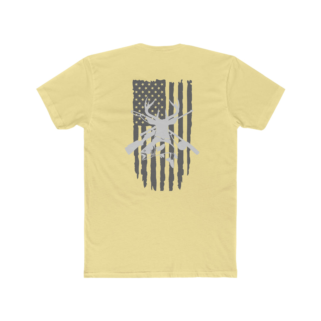 Real American Tee: Back view of a yellow shirt featuring a flag and deer design. Premium fitted, 100% combed cotton, light fabric, tear-away label. Ideal for workouts or daily wear. Sizes XS to 4XL.