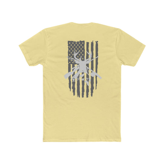 Real American Tee: Back view of a yellow shirt featuring a flag and deer design. Premium fitted, 100% combed cotton, light fabric, tear-away label. Ideal for workouts or daily wear. Sizes XS to 4XL.