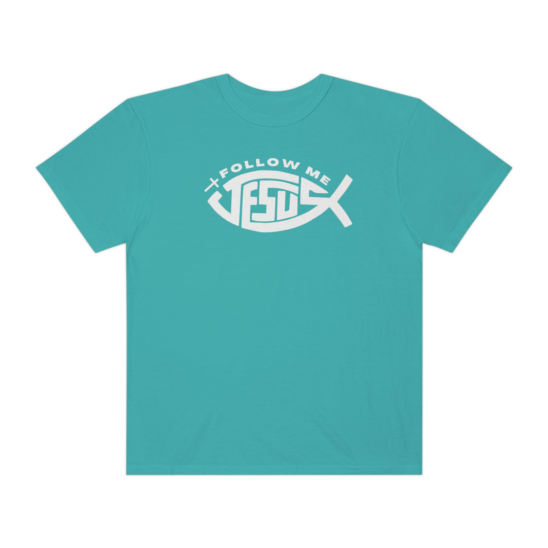 A relaxed-fit Jesus Follow Me Tee, crafted from 100% ring-spun cotton with double-needle stitching for durability. Garment-dyed for extra coziness, this tee features a logo on a blue shirt.