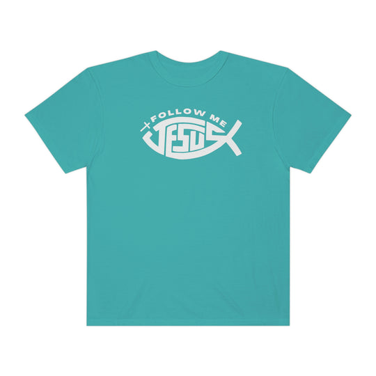 A relaxed-fit Jesus Follow Me Tee, crafted from 100% ring-spun cotton with double-needle stitching for durability. Garment-dyed for extra coziness, this tee features a logo on a blue shirt.