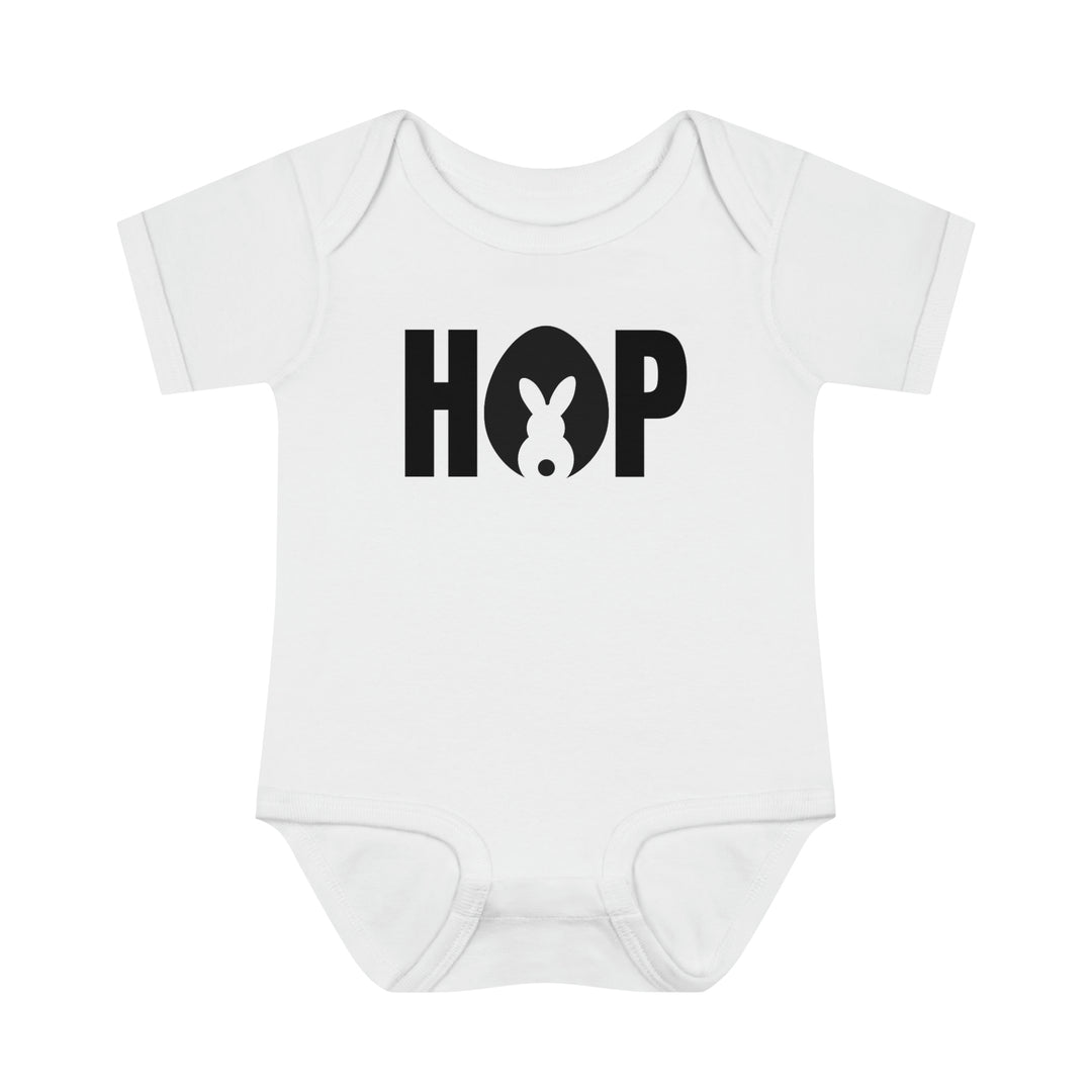Hop Onesie: A white infant bodysuit featuring a cute bunny design. Made of soft ring-spun cotton for comfort, with lap shoulders for easy dressing. From Worlds Worst Tees.