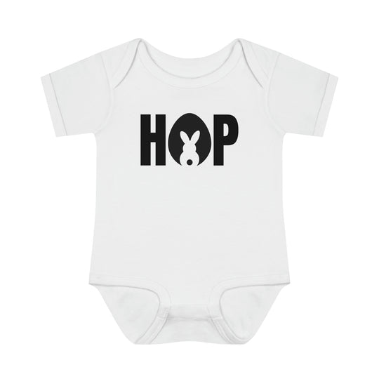 Hop Onesie: A white infant bodysuit featuring a cute bunny design. Made of soft ring-spun cotton for comfort, with lap shoulders for easy dressing. From Worlds Worst Tees.