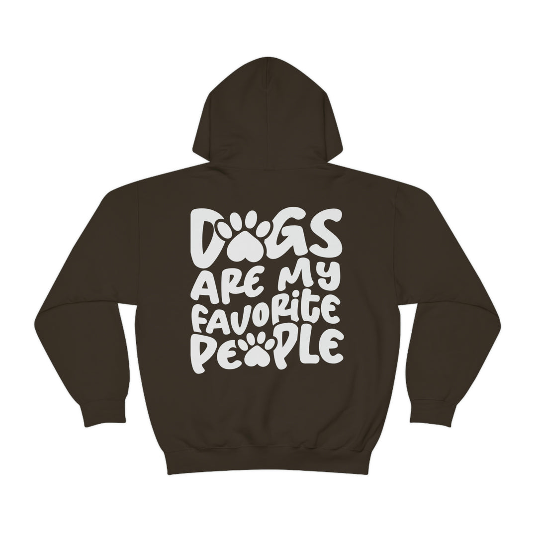A cozy unisex Dogs are my Favorite People Hoodie in black with white text. Thick cotton-polyester blend, kangaroo pocket, drawstring hood, tear-away label, classic fit. Ideal for warmth and comfort.