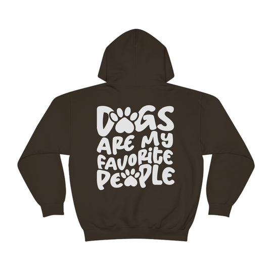 A cozy unisex Dogs are my Favorite People Hoodie in black with white text. Thick cotton-polyester blend, kangaroo pocket, drawstring hood, tear-away label, classic fit. Ideal for warmth and comfort.