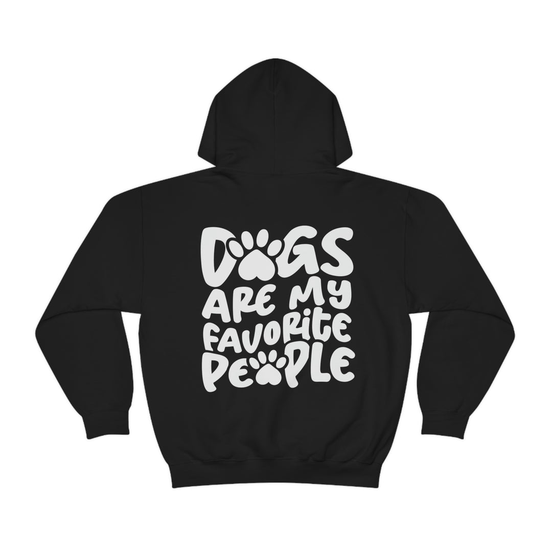 A black unisex heavy blend hooded sweatshirt featuring Dogs are my Favorite People text. Made of 50% cotton, 50% polyester, with kangaroo pocket and drawstring hood. Classic fit, tear-away label.