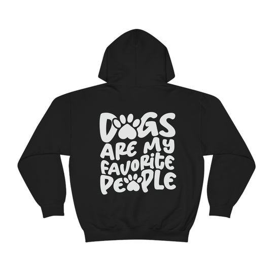 A black unisex heavy blend hooded sweatshirt featuring Dogs are my Favorite People text. Made of 50% cotton, 50% polyester, with kangaroo pocket and drawstring hood. Classic fit, tear-away label.