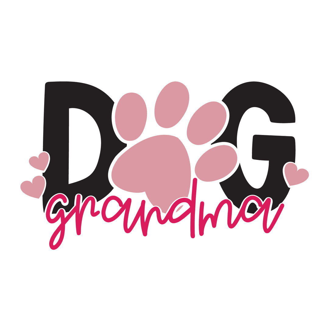 A cozy Dog Grandma Tee in 100% ring-spun cotton, featuring a pink paw print and hearts graphic. Relaxed fit, double-needle stitching, and no side-seams for durability and comfort. From Worlds Worst Tees.