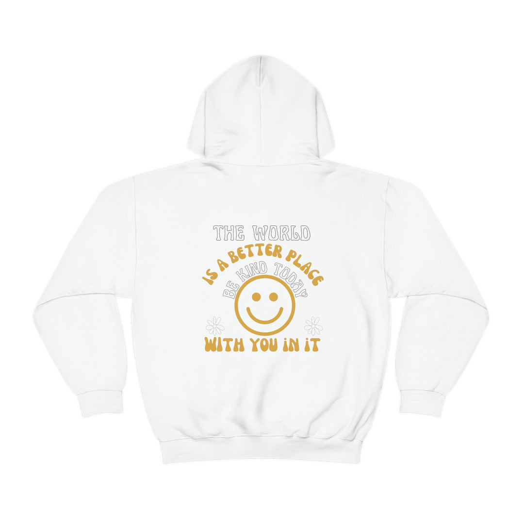 Unisex Be Kind Today Hoodie: White hoodie with yellow smiley face and text. Heavy blend of cotton and polyester, kangaroo pocket, classic fit, tear-away label. Ideal for comfort and warmth.