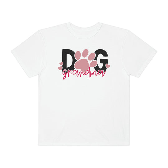 Dog Grandma Tee: White t-shirt with pink paw print and hearts, 100% ring-spun cotton, medium weight, relaxed fit, durable double-needle stitching, no side-seams for tubular shape. Sizes: S-3XL.
