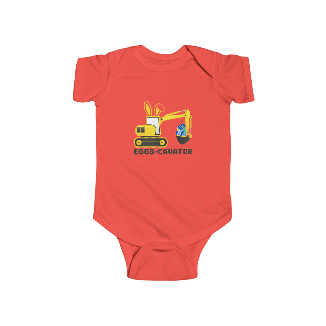 Infant fine jersey bodysuit featuring an Eggs-Cavator design with a bulldozer and eggs. 100% cotton fabric, ribbed knit bindings, and plastic snaps for easy changes. From Worlds Worst Tees.