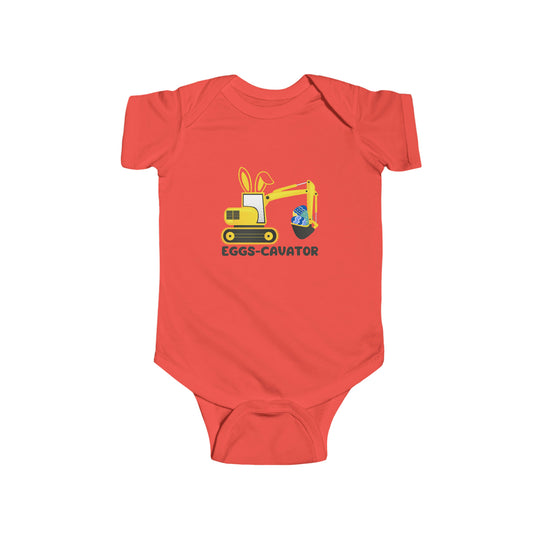 Infant fine jersey bodysuit featuring an Eggs-Cavator design with a bulldozer and eggs. 100% cotton fabric, ribbed knit bindings, and plastic snaps for easy changes. From Worlds Worst Tees.