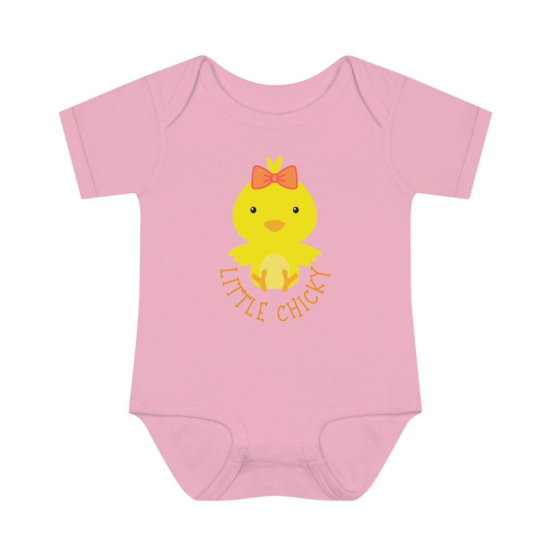 Infant Little Chicky Onesie with duck cartoon, ideal for comfort and ease. Lap shoulders for fidgeting younglings. 100% ring-spun cotton, unisex fit, light fabric. From Worlds Worst Tees.