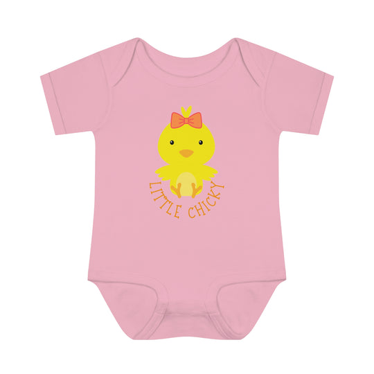 Infant Little Chicky Onesie with duck cartoon, ideal for comfort and ease. Lap shoulders for fidgeting younglings. 100% ring-spun cotton, unisex fit, light fabric. From Worlds Worst Tees.