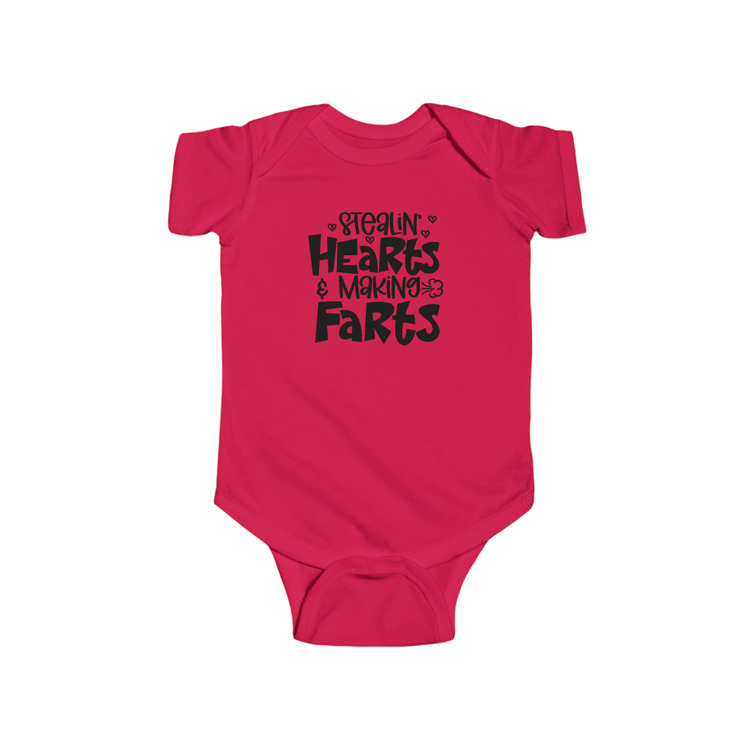 Infant fine jersey bodysuit, Stealin Hearts and Making Farts Onesie. 100% cotton fabric, ribbed knitting for durability, plastic snaps for easy changing. From 'Worlds Worst Tees'.